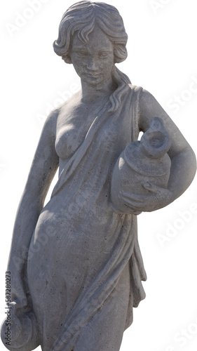 Image of ancient classical style weathered sculpture of woman holding vase on transparent background