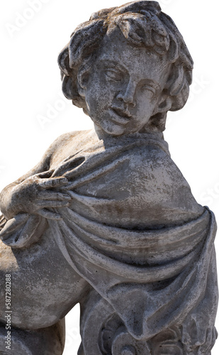 Image of ancient classical style weathered sculpture of cherub on transparent background