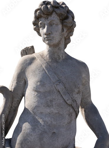 Image of ancient classical style weathered sculpture of male hunter on transparent background photo