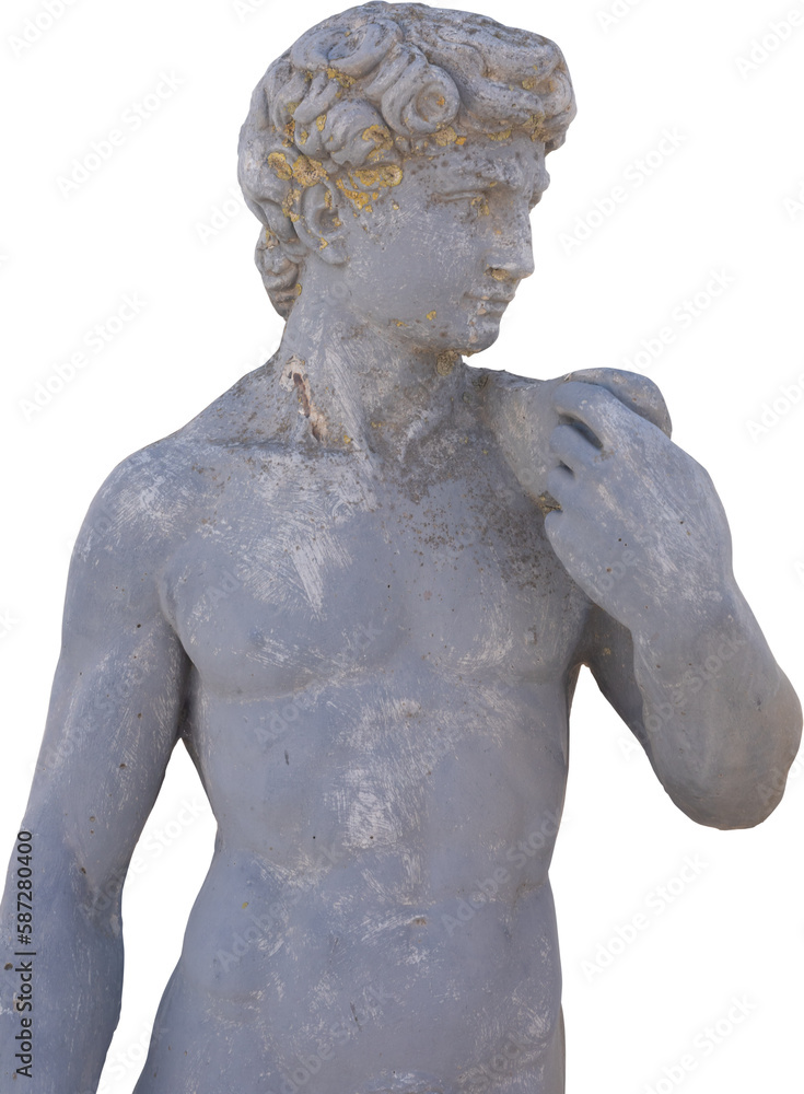 Obraz premium Image of ancient classical style weathered sculpture of naked man on transparent background