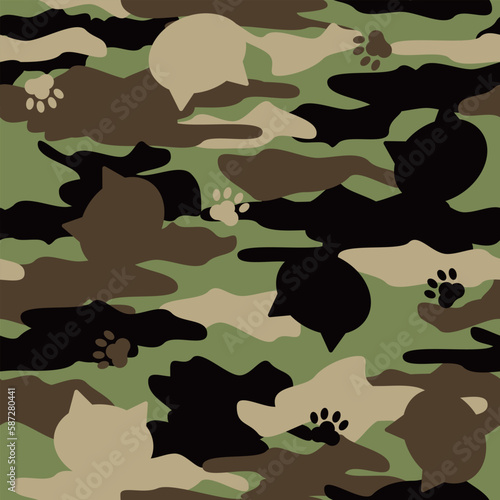 ねこ迷彩のシームレスパターン　グリーン系