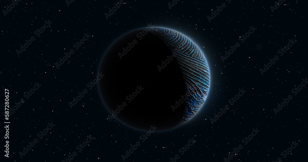 Abstract blue space futuristic planet round sphere against the background of stars