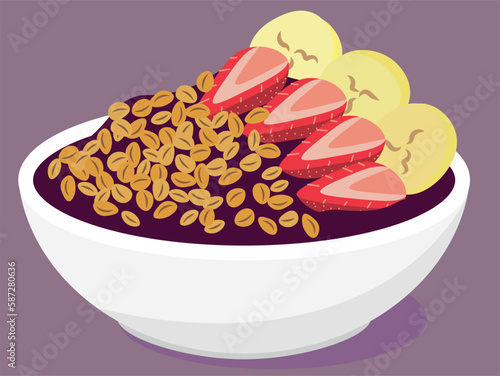 Açaí, açai, acai brazilian superfood in bowl with oat, mint and banana topping. Colorful vector illustration, icon.