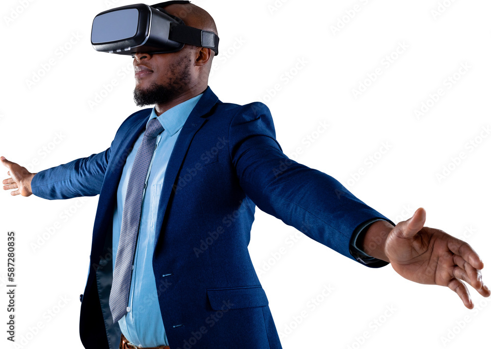 African american businessman with arms wide open wearing vr headset against white background African american businessman with arms wide open wearing vr headset against white background