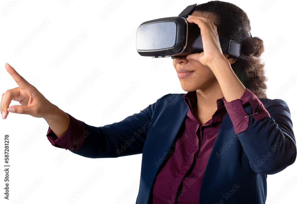 African american businesswoman wearing vr headset touching invisible screen against white background African american businesswoman wearing vr headset touching invisible screen against white background