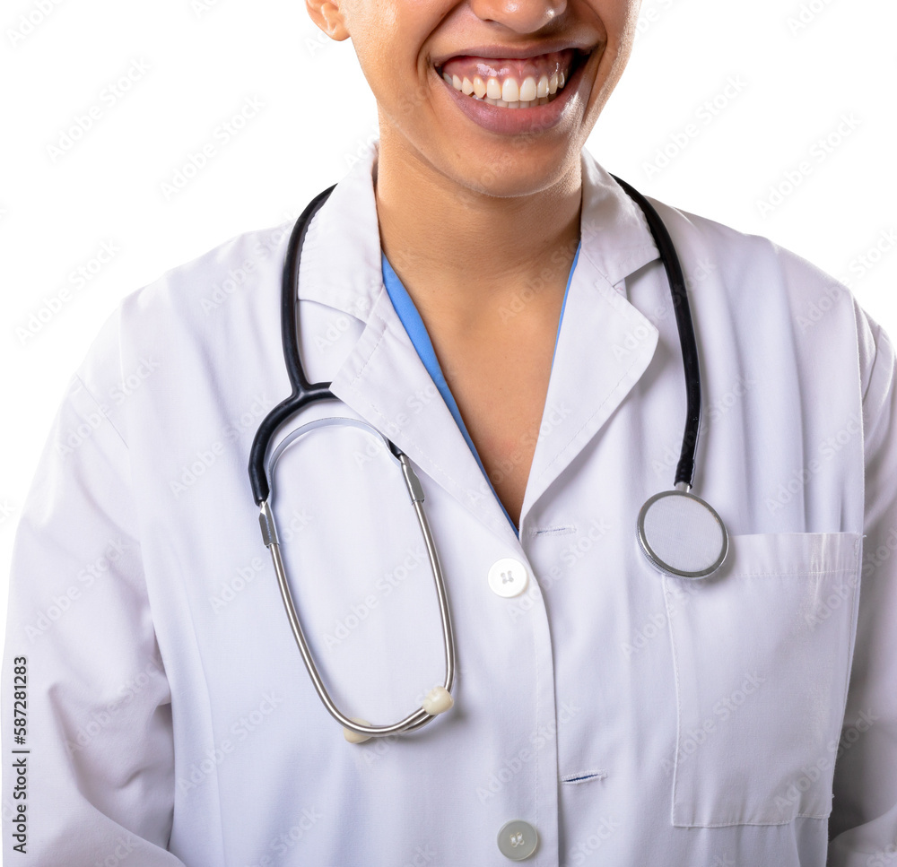 Mid section of african american female doctor smiling against white background Mid section of african american female doctor smiling against white background