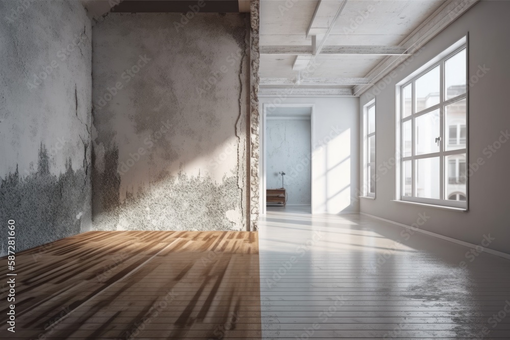 Fototapeta premium A mock model is set up on a white concrete wall and wooden floor in a contemporary gray room before and after repairs. Generative AI