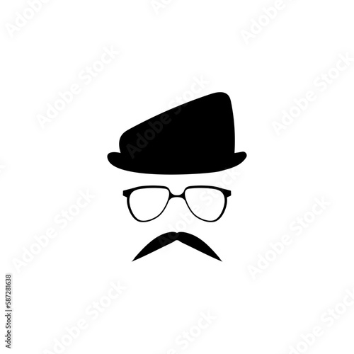 Head in glasses hat with mustache template. Funny gentleman character with vintage style for masquerade and designer vector avatar