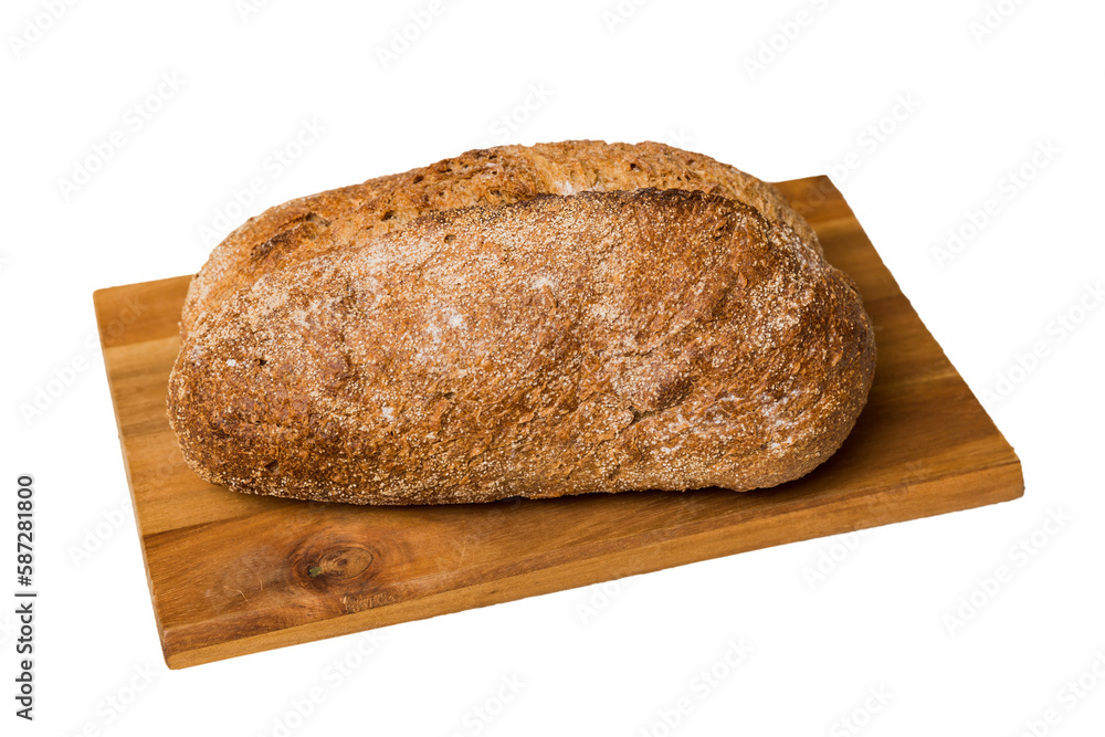 Freshly baked bread on cutting board isolated on white background . perspective view bread with copy space Freshly baked bread on cutting board isolated on white background . perspective view bread with copy space