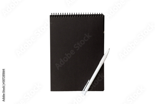 Top view of closed spiral blank dark paper cover notebook with pencil isolated on white background photo
