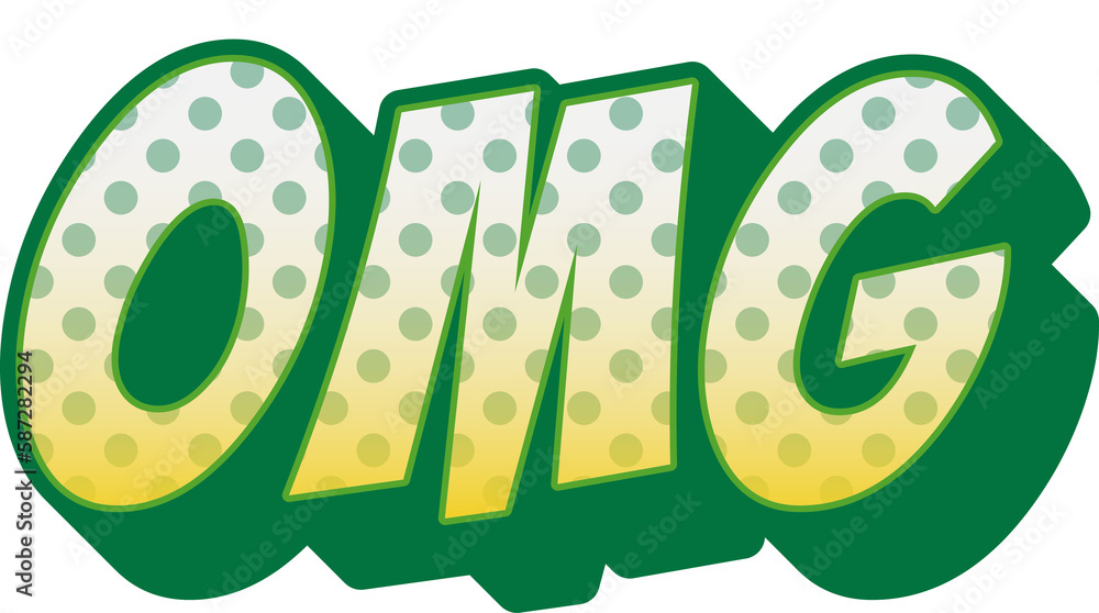 Digitally generated image of green dots over omg text banner against white background Digitally generated image of green dots over omg text banner against white background