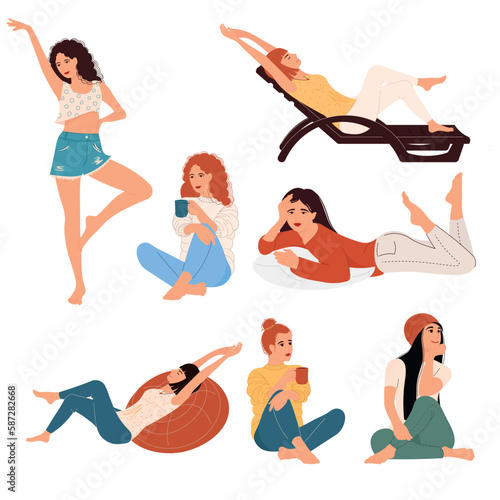 set of girls in a good mood, rest and positive, vector illustration, flat.