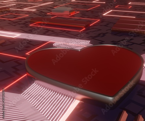 illuminated heart shape chipset planted on the motherboard 3d rendering
