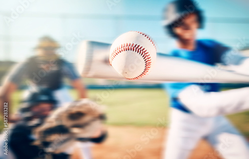 Baseball ball, athlete bat swing and speed on outdoor sport field with team and blur. Sports fast pitch, softball player hit and man on exercise ground in a stadium and usa game for fitness training