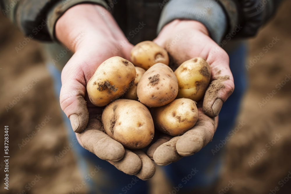 Crop gardener showing potatoes to camera. Generative ai Crop gardener showing potatoes to camera. Generative ai