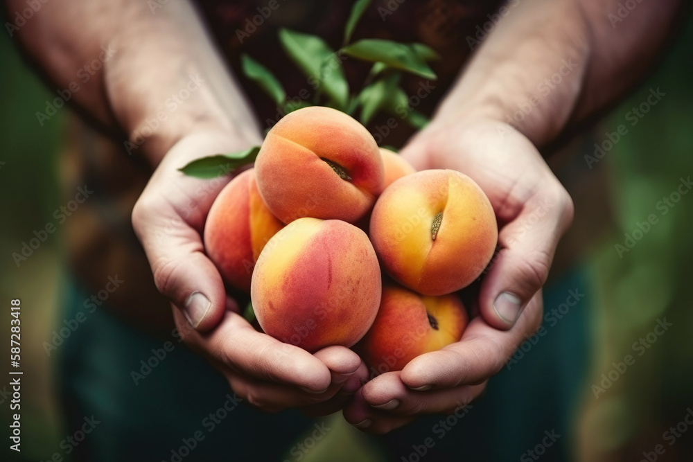 Fresh harvested peach fruits in farmer hands in the garden. Generative ai. Fresh harvested peach fruits in farmer hands in the garden. Generative ai.