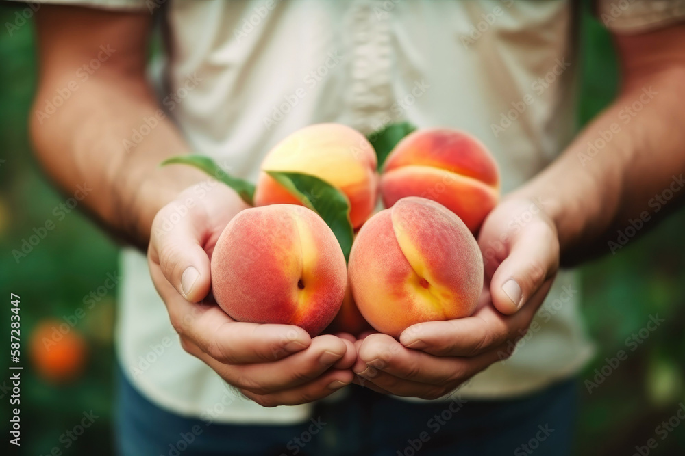 Fresh harvested peach fruits in farmer hands in the garden. Generative ai. Fresh harvested peach fruits in farmer hands in the garden. Generative ai.