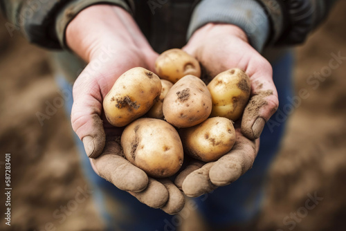 Crop gardener showing potatoes to camera. Generative ai