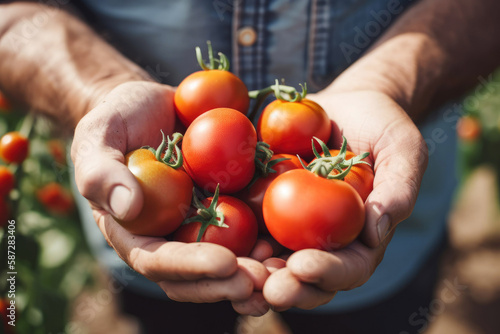 Crop gardener showing tomatoes to camera. Generative ai
