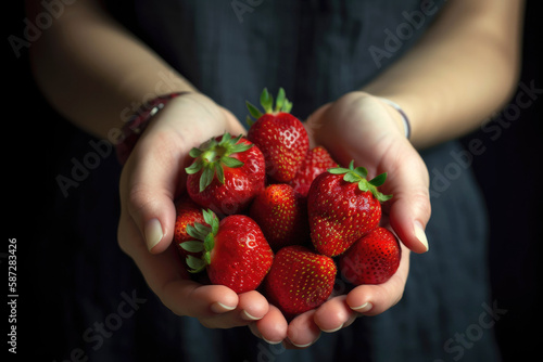 Fresh organic strawberries in woman hands. Agriculture or harvest concept. Healthy vegan food. Generative ai