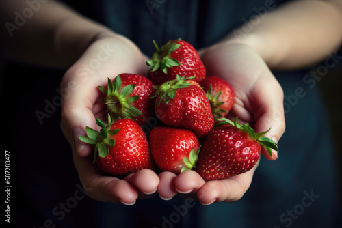 Fresh organic strawberries in woman hands. Agriculture or harvest concept. Healthy vegan food. Generative ai