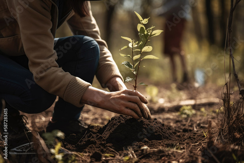 Person planting trees or working in community garden promoting local food production and habitat restoration, concept of Sustainability and Community Engagement. Generative ai.
