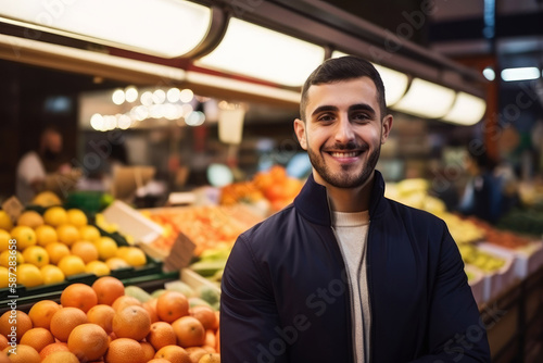Portrait of smiling male buying groceries in a market hall. Generative ai