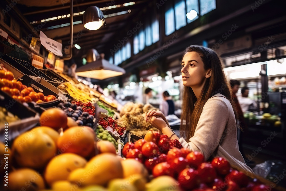 Young woman choosing goods standing at the counter with a bunch of different fresh food in the market hall. Generative ai