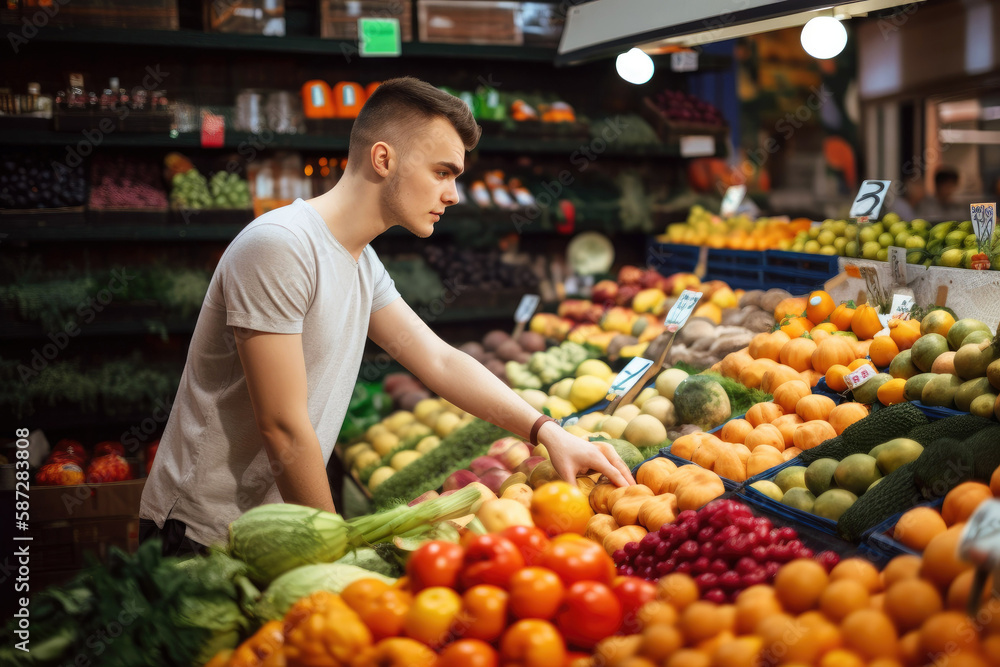 Young male choosing goods standing at the counter with a bunch of different fresh food in the market hall. Generative ai