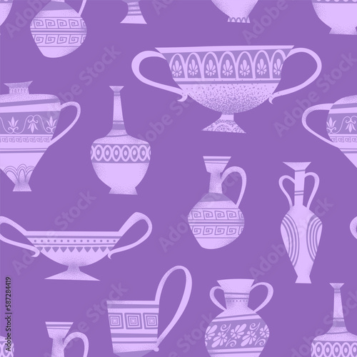 Seamless pattern with antique vases on a purple background. Texture with the image of ancient ceramics