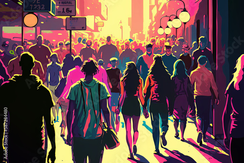 Crowd of anonymous people walking on the city Illustration AI Generated
