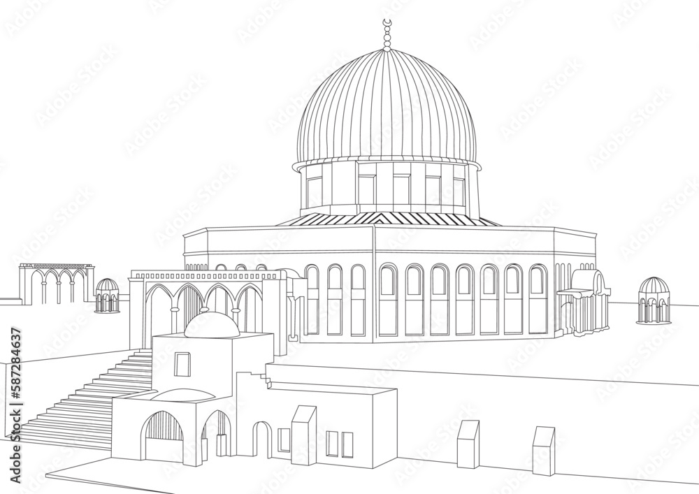 Vector Illustration of the Dome of Rock in Line Art Style