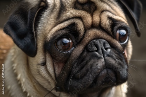 Pug Dog Looking At Camera In Very Close Up Headshot With Huge Brown Eyes, Mops. Generative AI