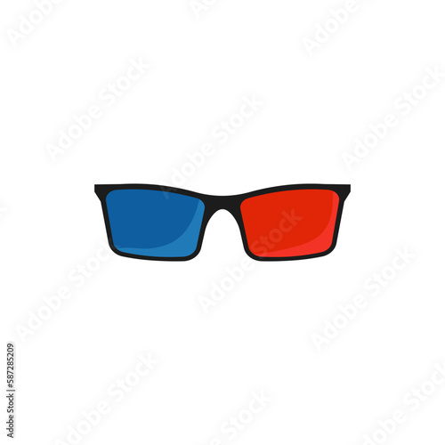 Glasses for viewing 3d video. Plastic cinema accessory with red and blue lenses for comfortable trip to cinema with convenient vector pastime