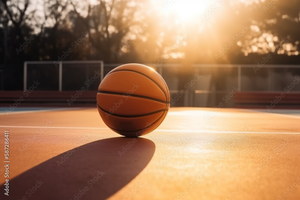 A basketball on a court at sunset - Generative AI A basketball on a court at sunset - Generative AI