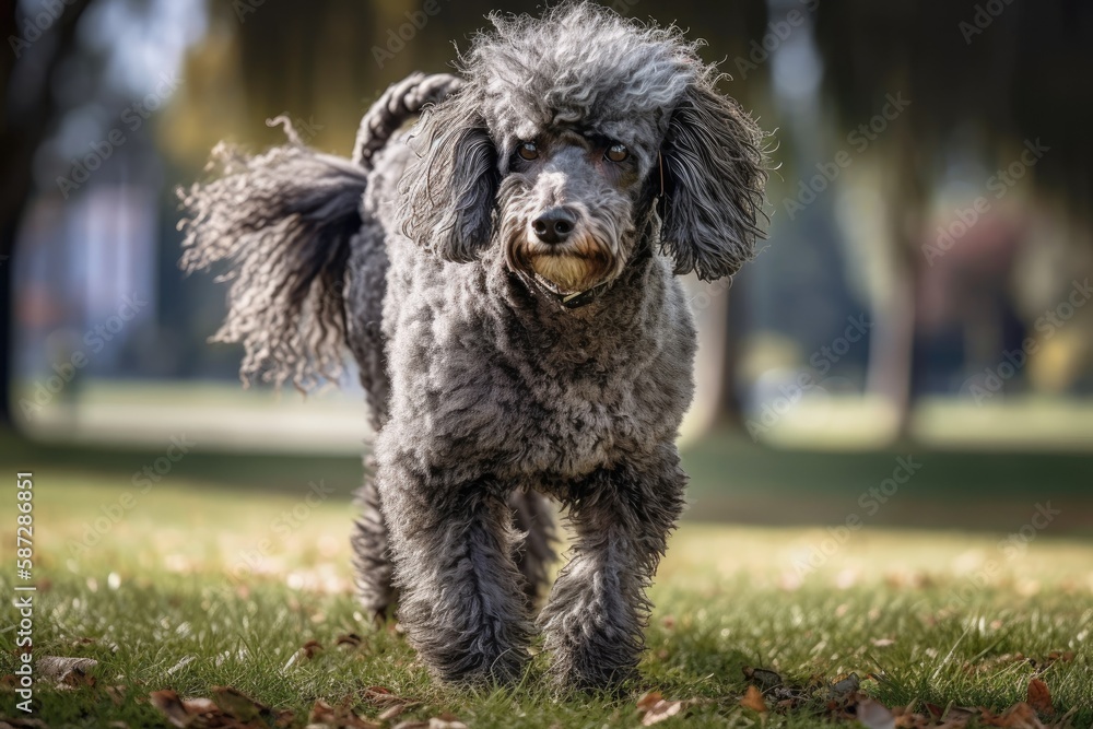 Close up of a trained dog, a gray shaggy poodle, standing on its hind legs while strolling in a park. Generative AI Close up of a trained dog, a gray shaggy poodle, standing on its hind legs while strolling in a park. Generative AI