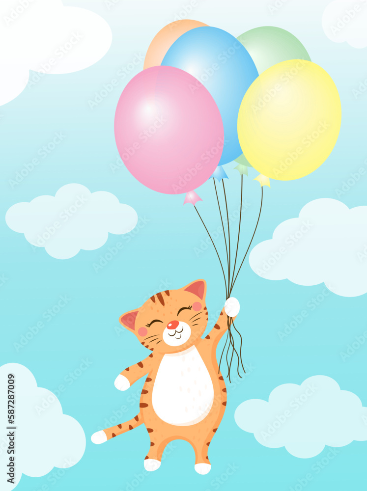 A cute red tabby cat flying up to the sky with a bunch of colorful balloons, a childish birthday card