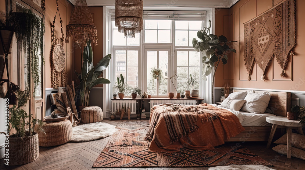 This Bohemian-inspired bedroom features a cozy and eclectic design. The walls are painted a warm shade of brown, while the mix of textiles and patterns create a sense of bohemian charm. 