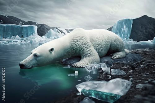 Polar bear suffering from melting ice caps