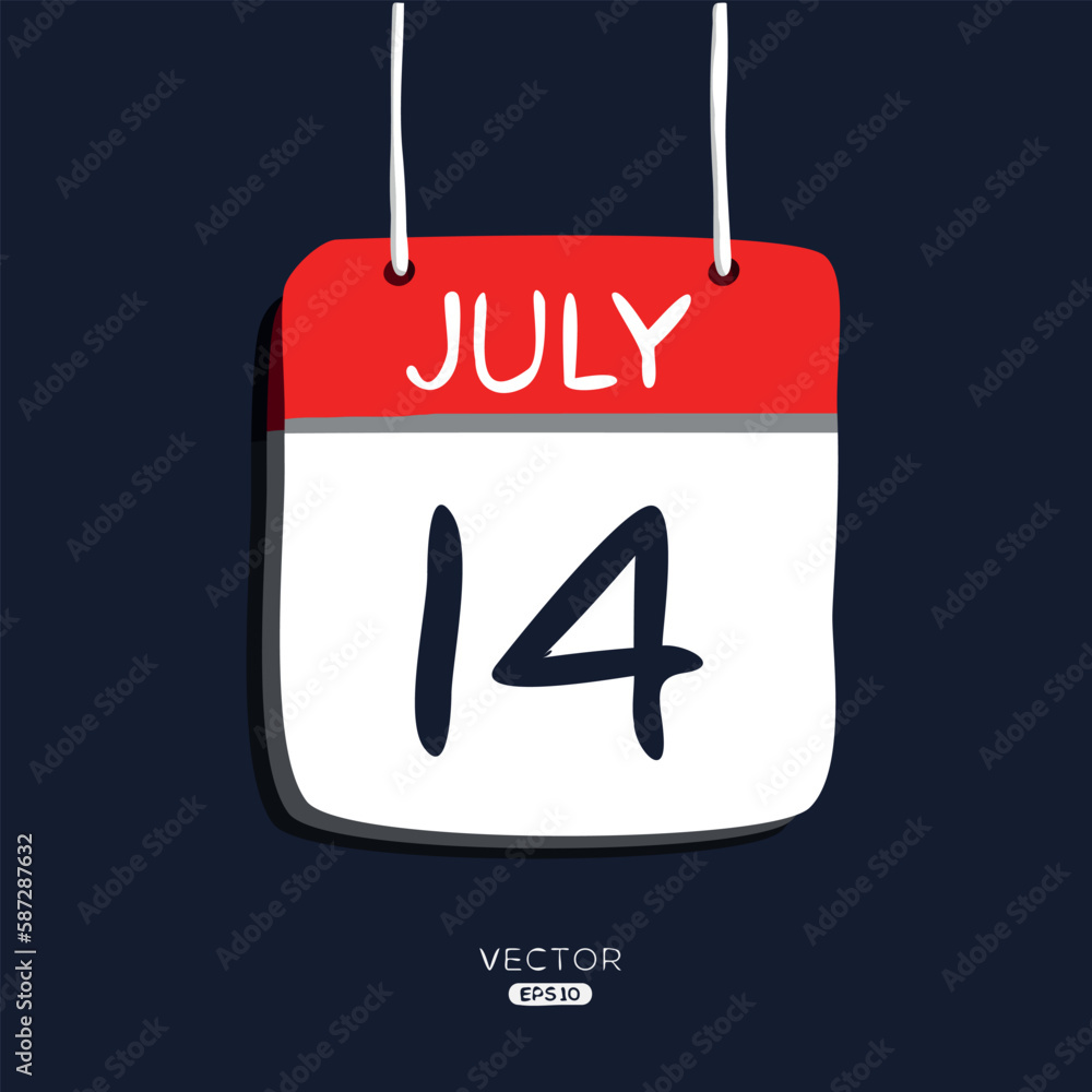 Creative calendar page with single day (14 July), Vector illustration.