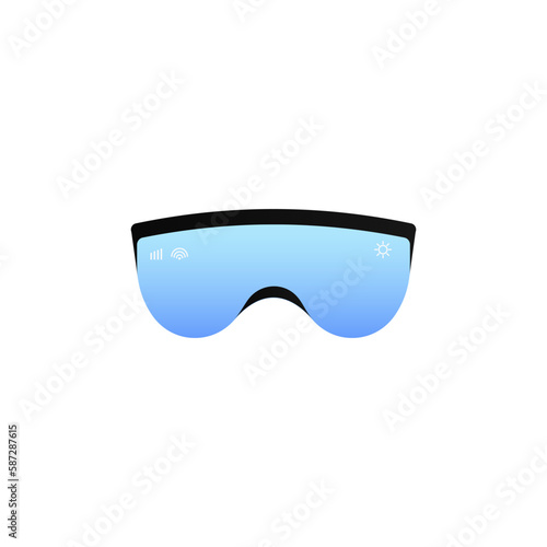 Stylish sunglasses for snowboarding. Blue one piece lens accessory to protect eyes from sun with stylish lenses and plastic vector frames.
