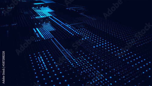 Digital background with moving glowing particles. Futuristic hi-tech illustration. Concept of data transfer in cyberspace. Big data visualization. Vector illustration.