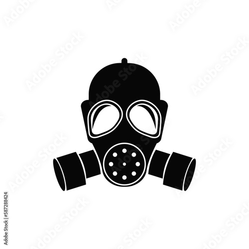 Black defence respirator icon. Gas mask with biological filters for protection against radiation and chemical weapons with vector breathing enhancement