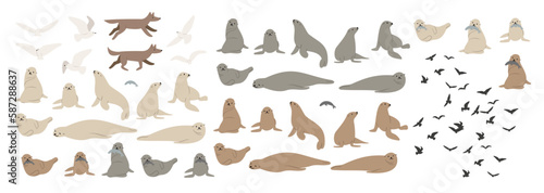 coastal landscape creator clipart set, vector woman on beach illustration, Individual PNG SVG, couple flying seagull sea lion clip art, images in flat cartoon style, Wedding Invitation, Logo Elements.
