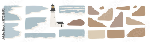 coastal landscape creator clipart set, vector woman on beach illustration, Individual PNG SVG, couple flying seagull sea lion clip art, images in flat cartoon style, Wedding Invitation, Logo Elements.