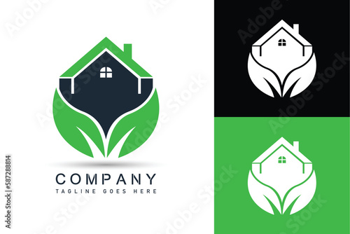 House leaf green logo design concept