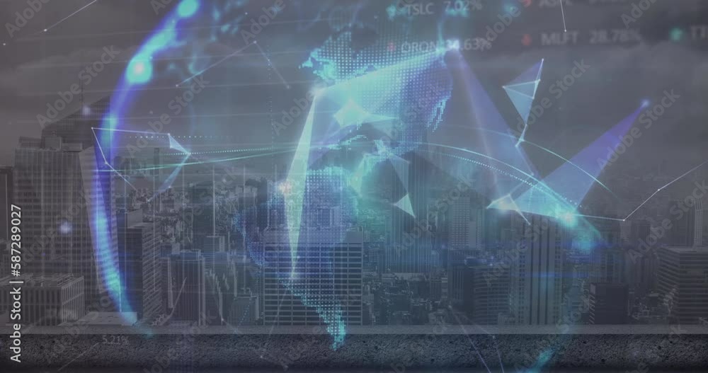 Animation of financial data processing and globe over cityscape Animation of financial data processing and globe over cityscape