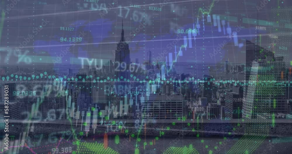 Animation of financial data processing over cityscape