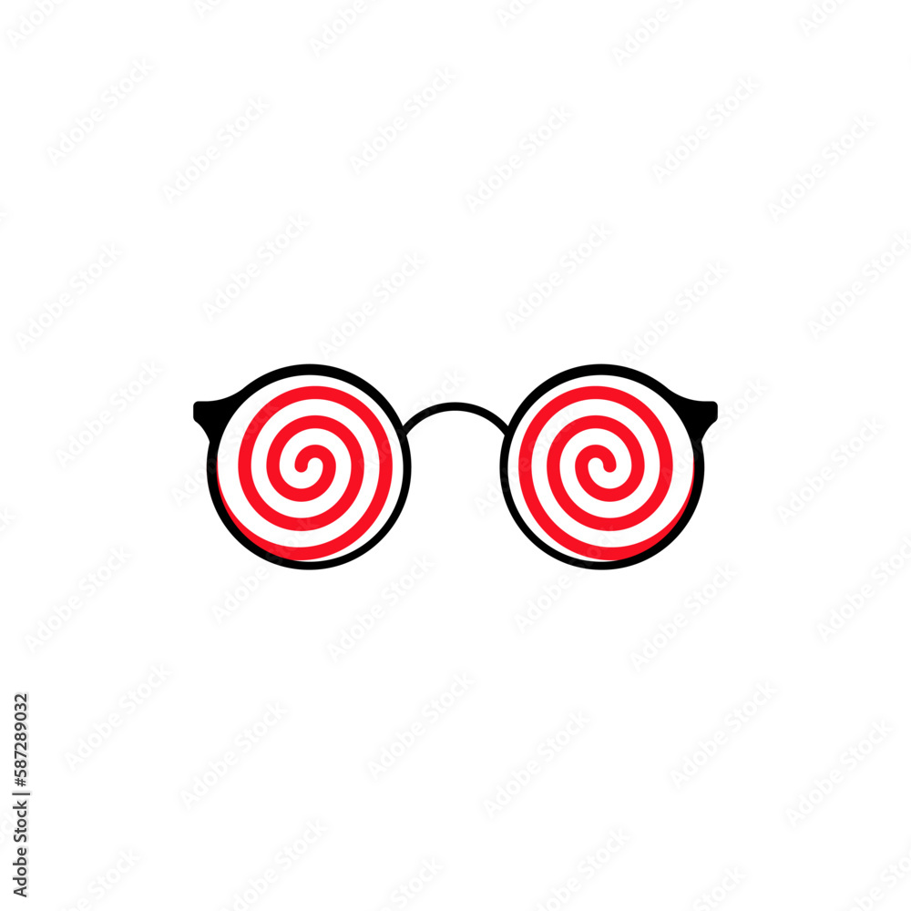 Round glasses with red spiral circles. Fun accessory for parties and pranks with stylish lenses and plastic vector frames