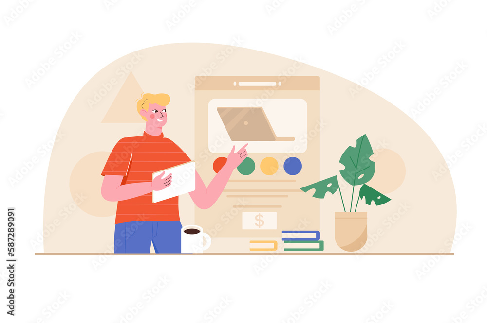 Orange concept Online shopping with people scene in the flat cartoon style. Man wants to buy a new laptop for work in an online store. Orange concept Online shopping with people scene in the flat cartoon style. Man wants to buy a new laptop for work in an online store.